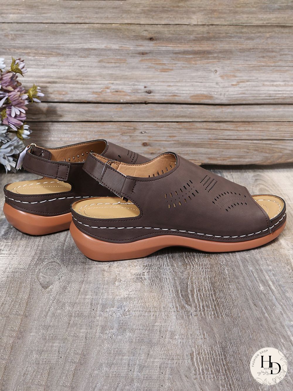 Cutout Velcro Vintage Casual Velcro Wedge Sandals