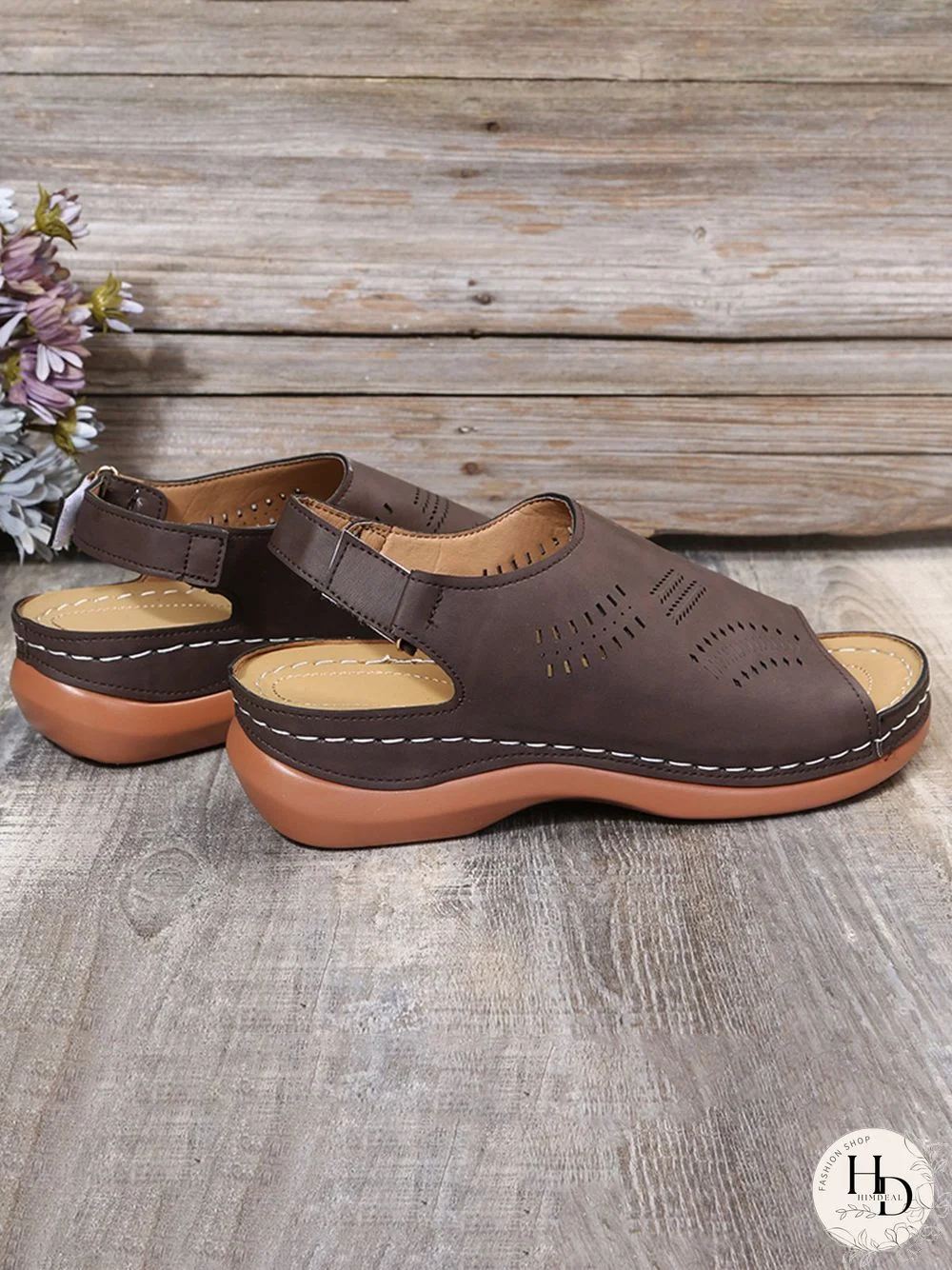 Cutout Velcro Vintage Casual Velcro Wedge Sandals