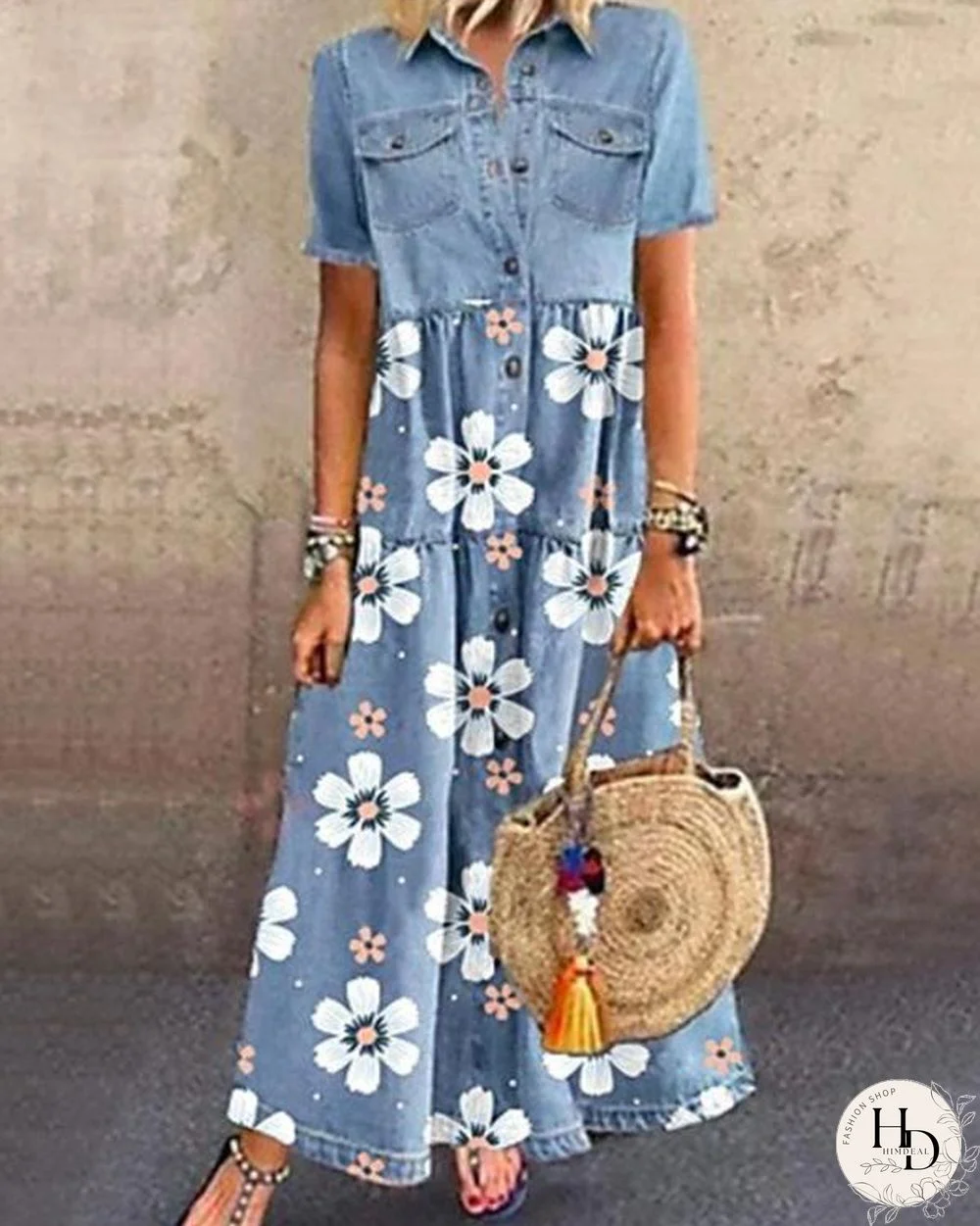 Sunflower Button Down Denim Maxi Dress