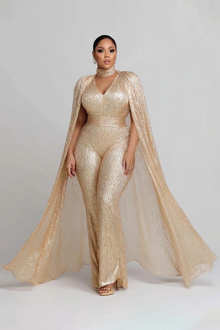 Xpluswear Design Plus Size Formal Champagne V Neck Cape Sleeve Elegant Jumpsuits [Pre-Order]
