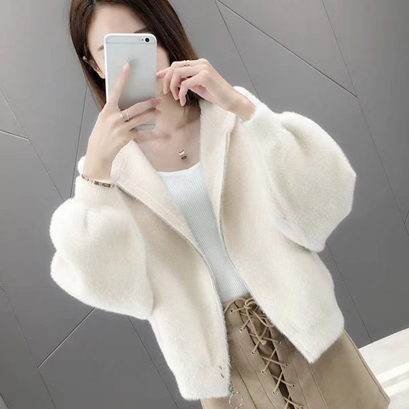 Spring Furry Hooded Jacket Mink-like Wool Student Short Sweater