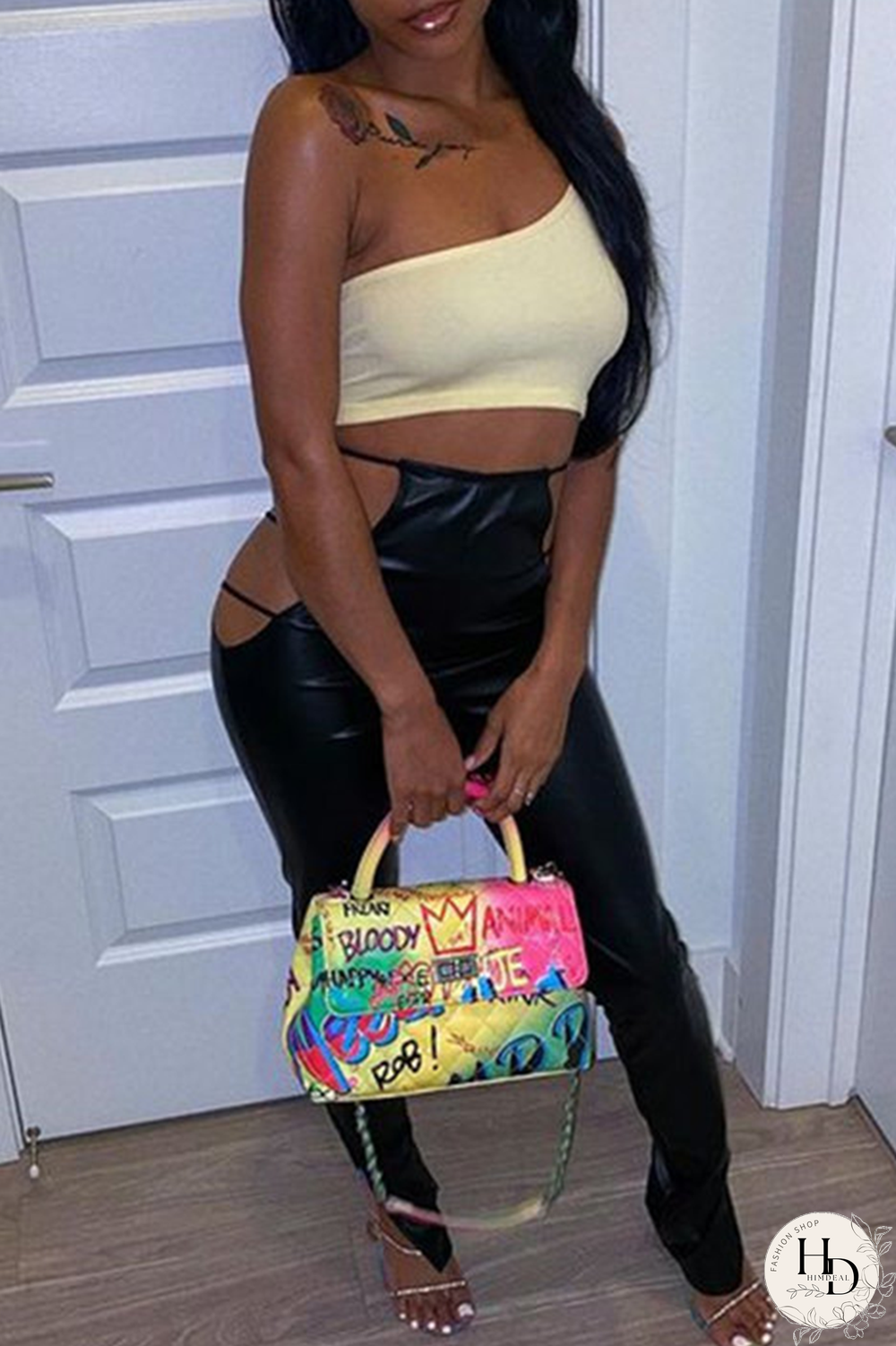 Black Sexy Solid Split Joint Skinny High Waist Pencil Solid Color Bottoms