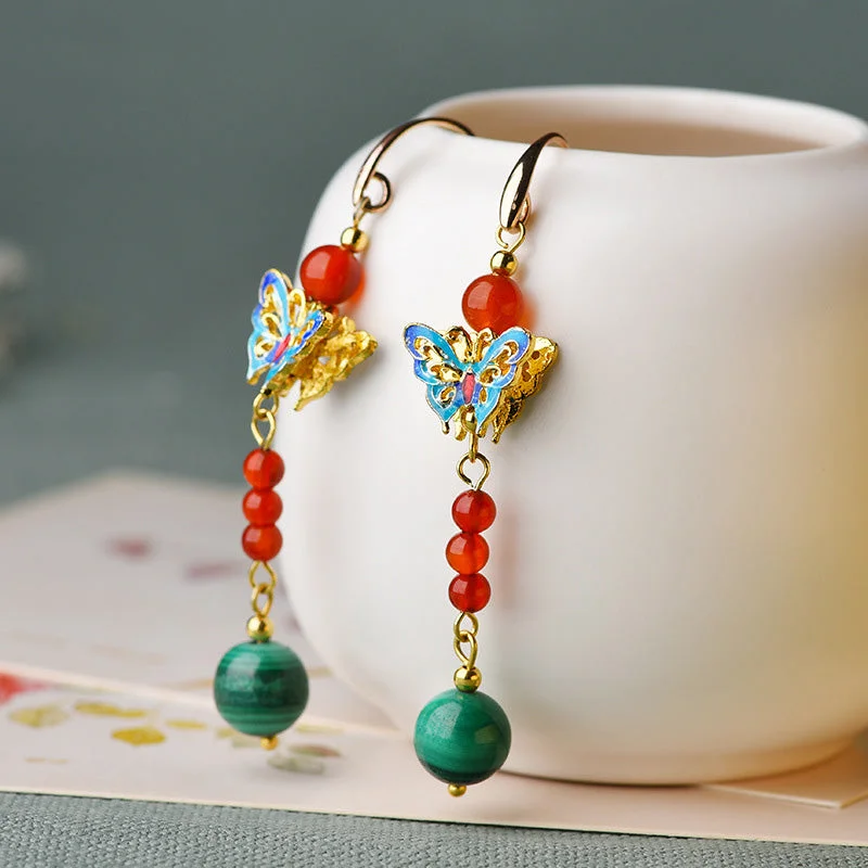 Malachite Bead Butterfly Protection Drop Earrings