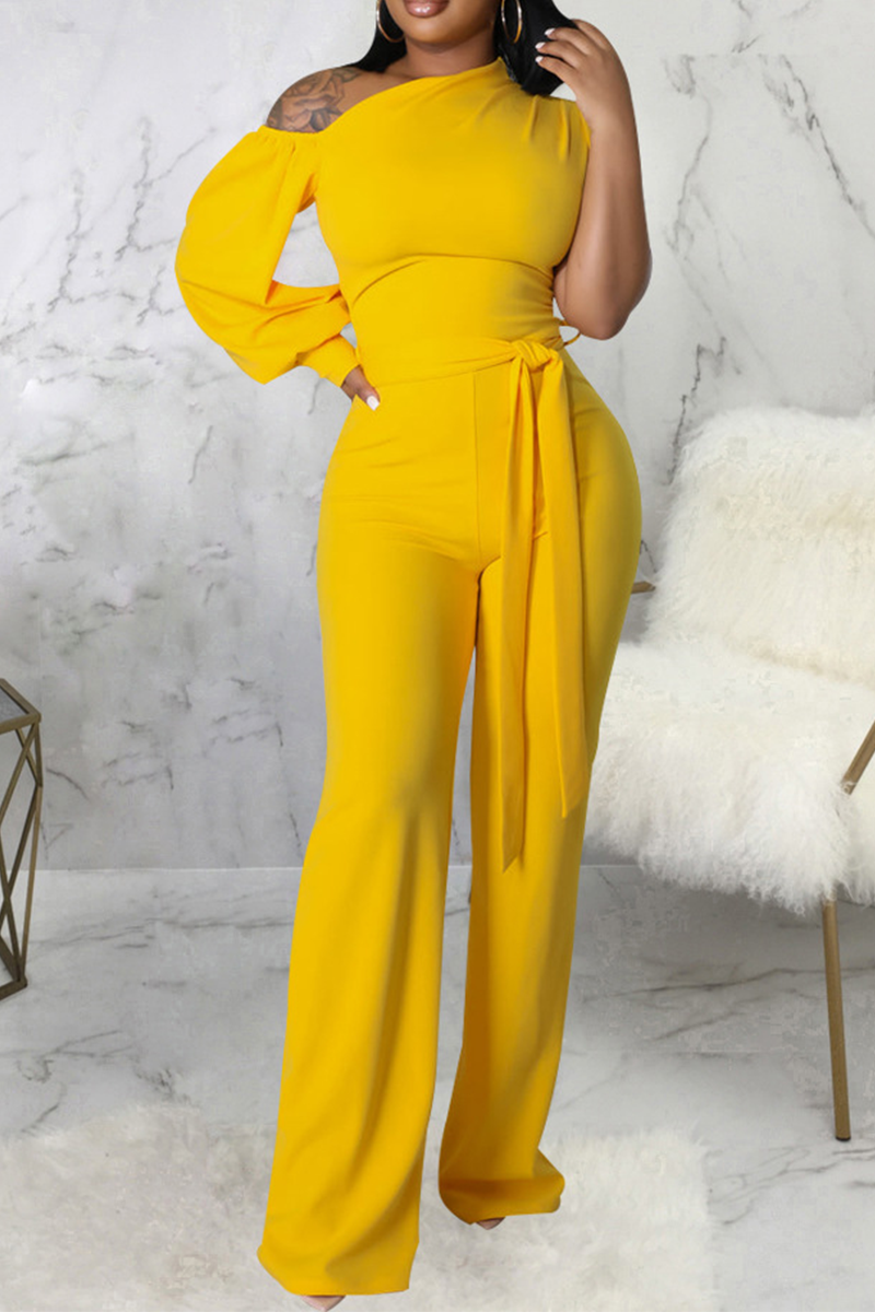 Casual Solid Patchwork One Shoulder Boot Cut Jumpsuits