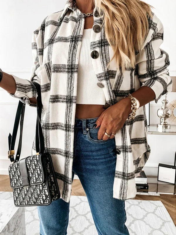 Women's Check Print Long Sleeve Casual Jacket Flusfy