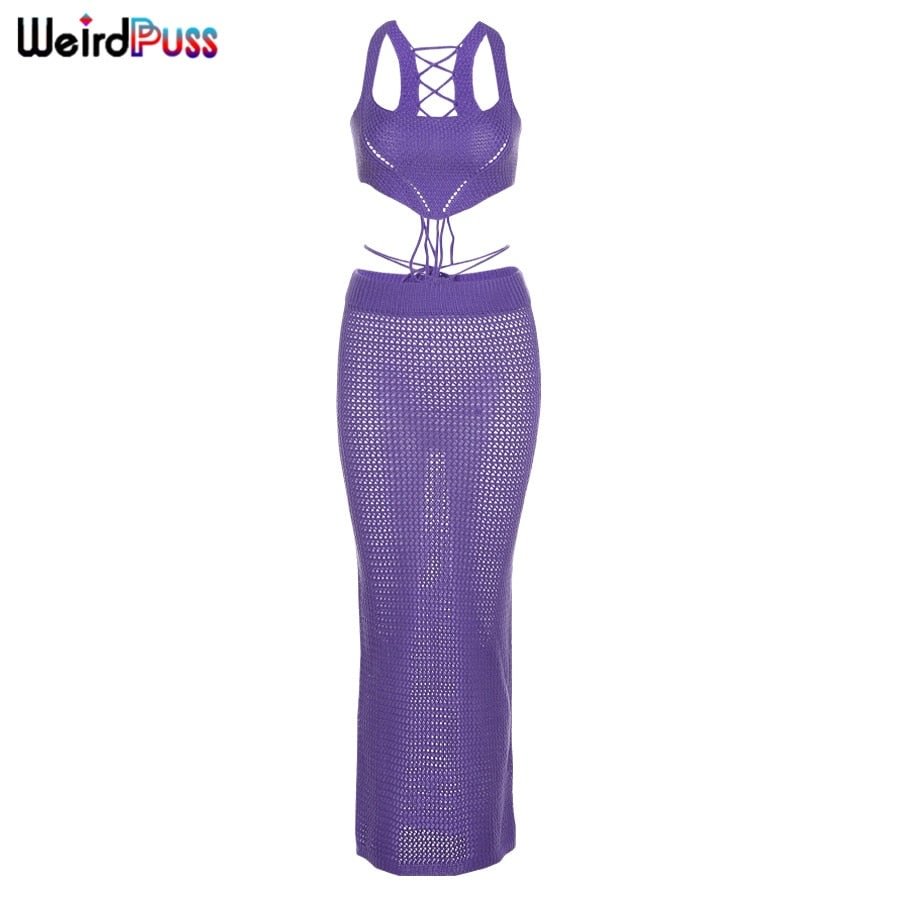 Weird Puss Elegant Party Knit 2-Piece Set Women Skinny Irregular Camisole+Lace Up Low Waist Skirts See Through Matching Clubwear