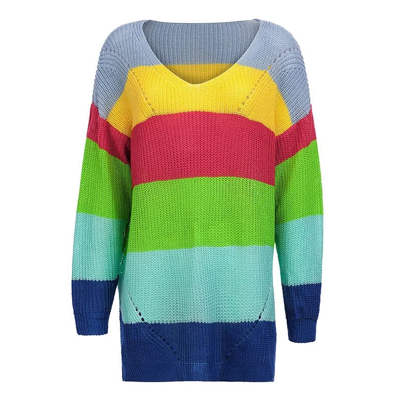 Fitshinling Rainbow Striped Long Sweater Femme Pull V Neck Slim Pullovers Autumn Winter Long Sleeve Sweaters Women Jumpers Sale