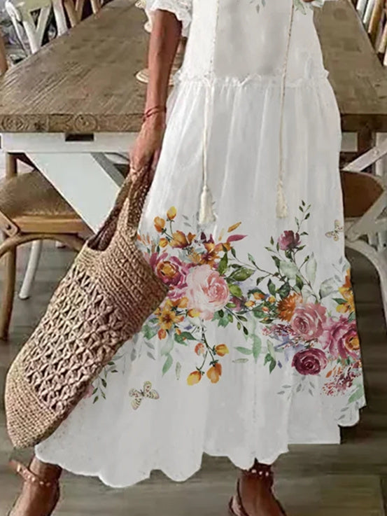 Women Half Sleeve V-neck Solid Color Dress