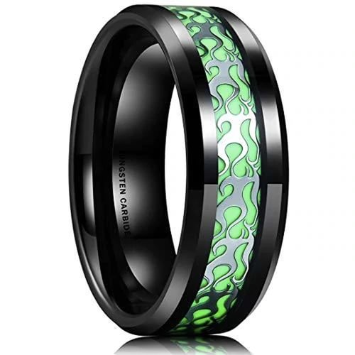 Women's Or Men's Black Tungsten Carbide Wedding Wedding Band Rings,Silver Flame Pattern Inlaid Green Luminous Glowing Wedding Bands Ring With Mens And Womens For Width 4MM 6MM 8MM 10MM