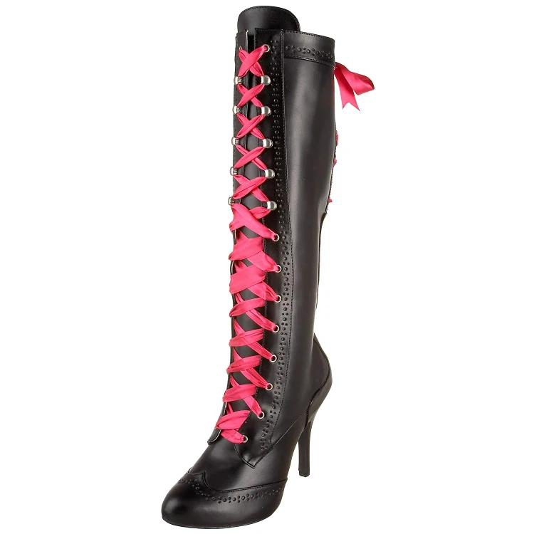 Black Pink Lace Up Boots Stiletto Heel Knee-high Boots |FSJ Shoes