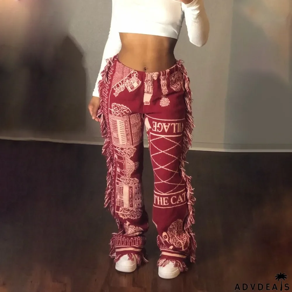 Casual Fashion Color Pattern Fringed Velvet Pants