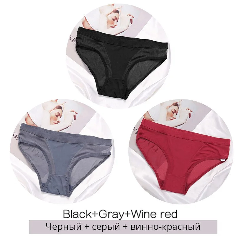 FINETOO 3PCS/Set Transparent Mesh Women's Panties Low Waist Ladies Briefs Female Underpants Fashion Girl Panty Lingerie M-XL