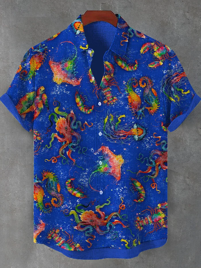 Men's Vacation Marine Animals Art Printed Short Sleeve Shirt