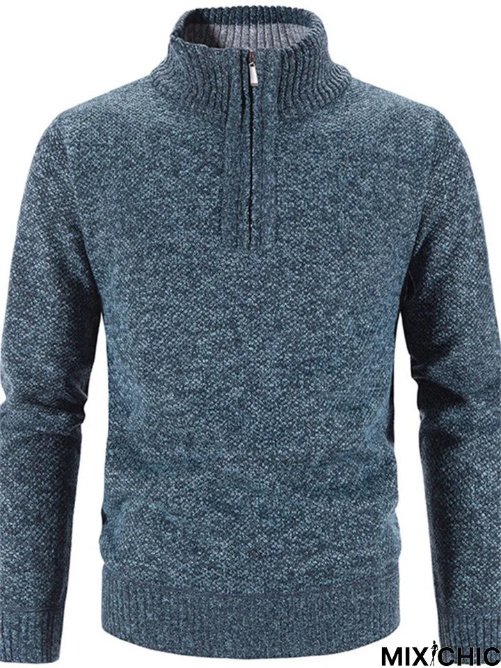 Men's Stand Collar Half Zipper Pullover Solid Color Knitting Sweater