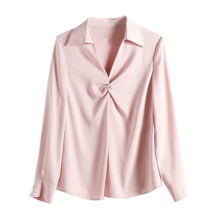 V-neck Pure Color Ruffled Satin Shirt Workwear - Modakawa modakawa