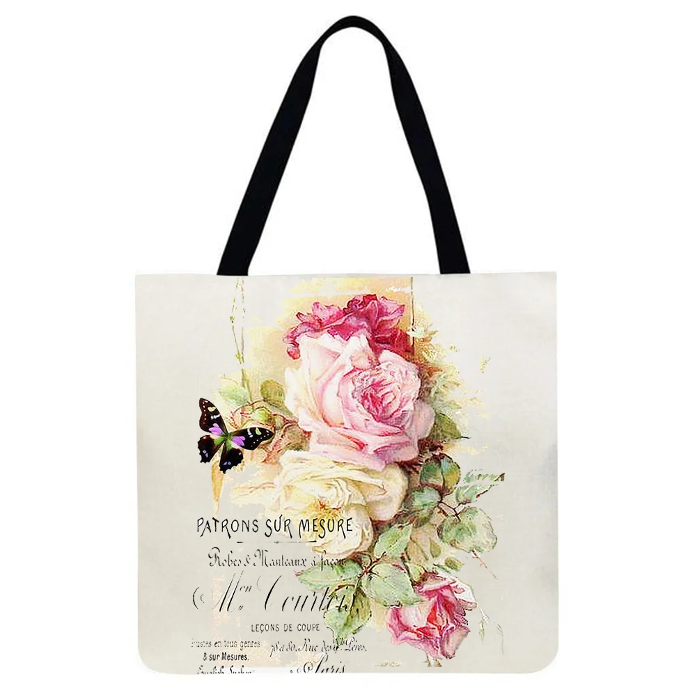 Linen Tote Bag-Flower butterfly