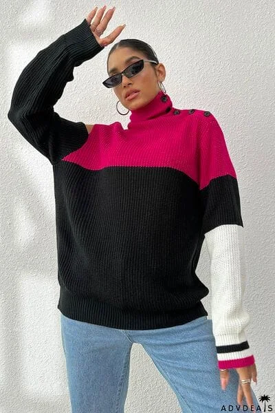 Contrast Buttoned Cutout Long Sleeve Sweater