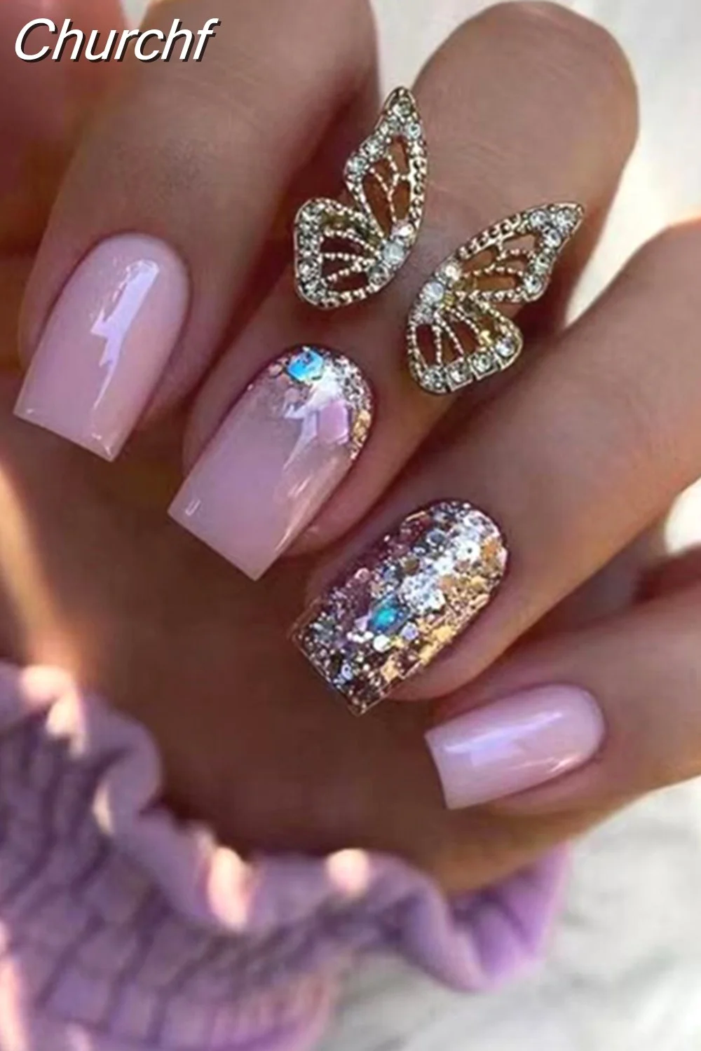 Churchf Wave Line Short Ballet French False Nails With Flower design Square Head Fake Nail Tips Simple Wearable Press On Nails-Nail Inspo