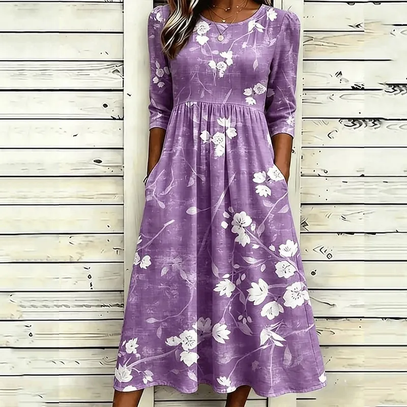 Comstylish Women's Retro Floral Art Print Cotton Linen Casual Dress
