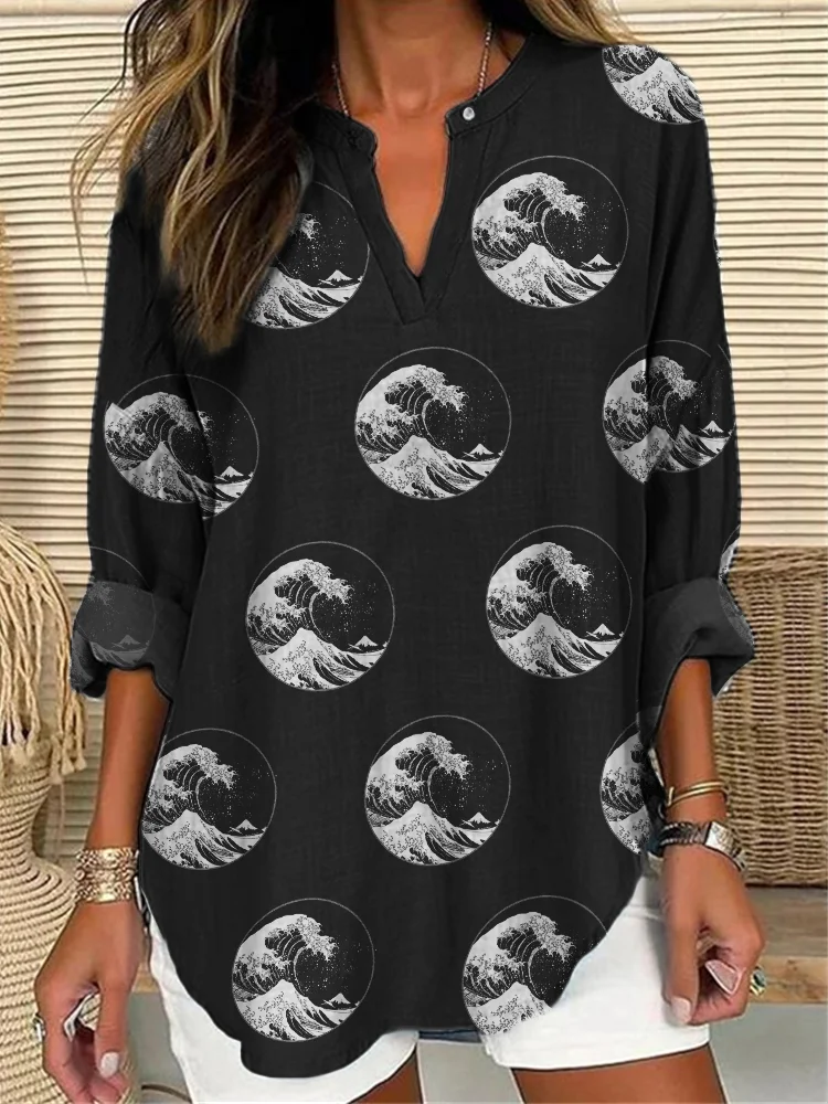 Great Wave Japanese Pattern Linen Blend Tunic