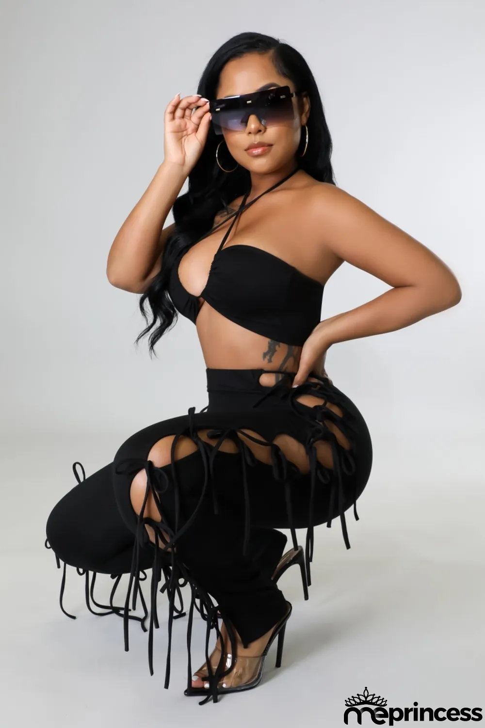 Women Summer Black Casual Strapless Sleeveless High Waist Solid Lace Up Regular Two Piece Pants Set