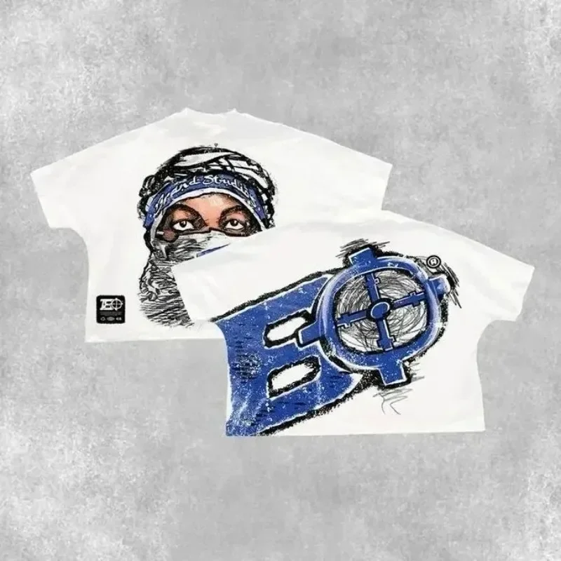 Aonga Spoof geometric skull letter print design O-neck short-sleeved T-shirts men popular versatile couple casual lazy style y2k tops aonga