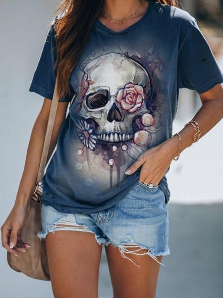 Blue Punk style skull pattern Statement Shift Floral Shirts & Tops