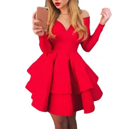 Elegant Women Long Sleeve V Neck Off Shoulder Large Swing Ruffled Hem Mini Dress Leaves Print Off Shoulder Flared Sleeve