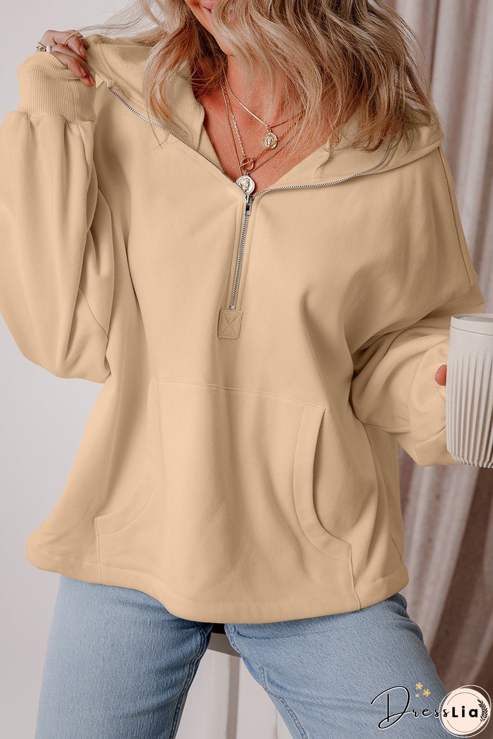 Parchment Fleece Lined Half Zipper Kangaroo Pockets Loose Hoodie