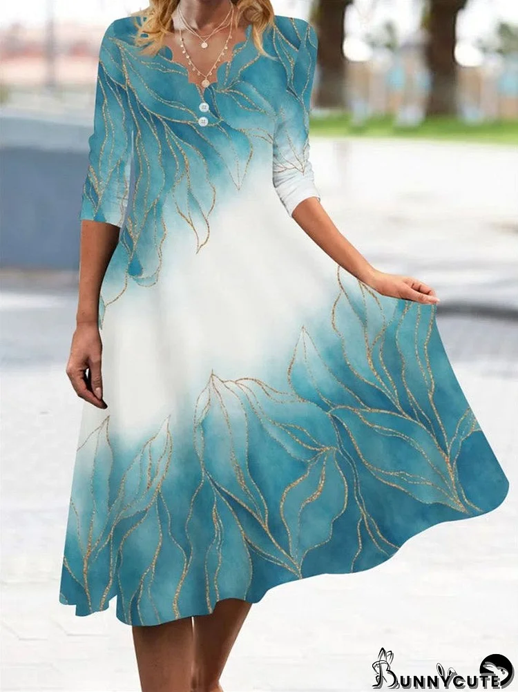 Women Long Sleeve V-neck Floral Printed Gradient Midi Dress