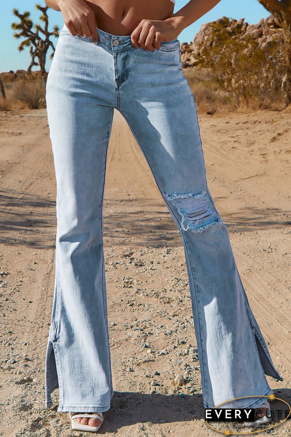 Sky Blue Black Ripped Slit Legs Flare Jeans