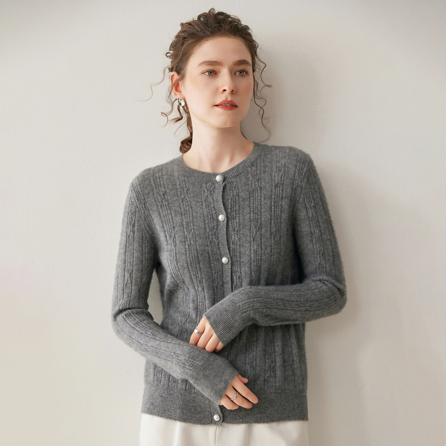 Women's Cable Knit Cashmere Cardigan Pearl Button Front REAL SILK LIFE