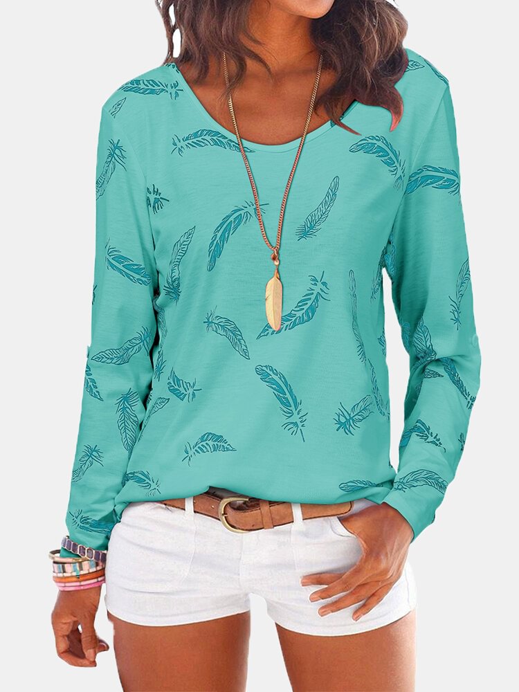 Feather Print Long Sleeve Casual T Shirt For Women P1781537