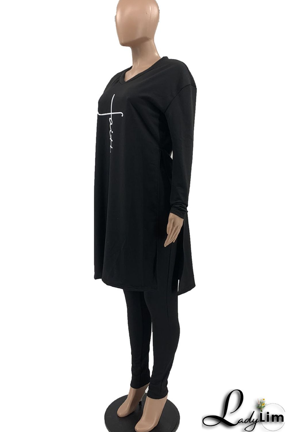 Coffee Casual Print Patchwork Slit V Neck Long Sleeve Two Pieces