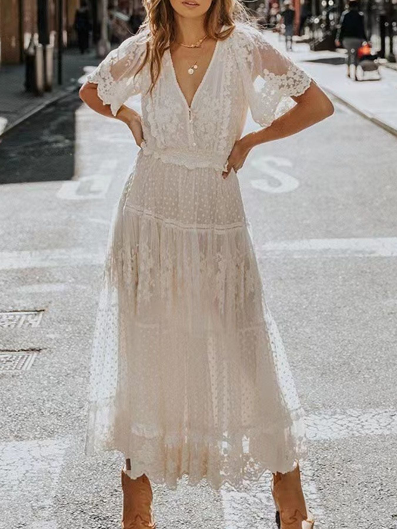 Full Size Lace Bohemian Short Sleeve Maxi Dress Plus Size mysite idetrend