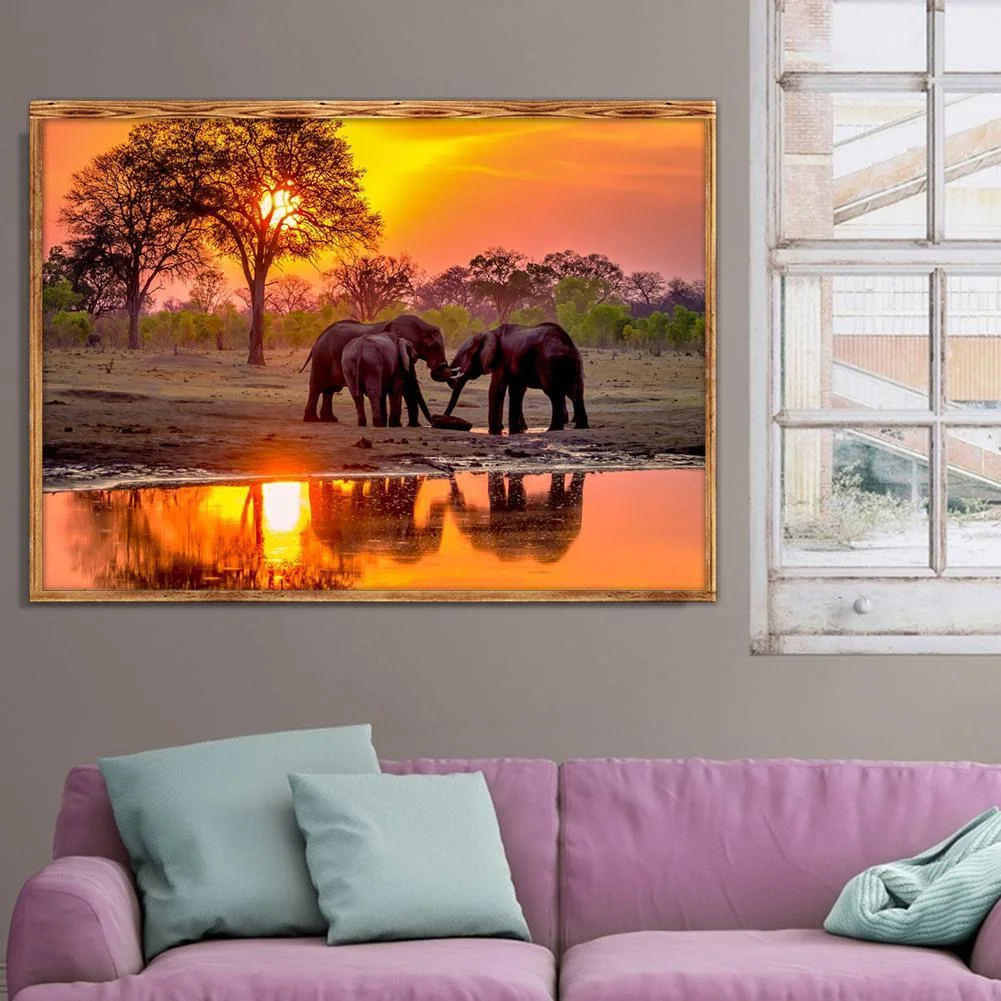 Diamond Painting - Full Round Drill - Sunset Elephant(40*30cm)