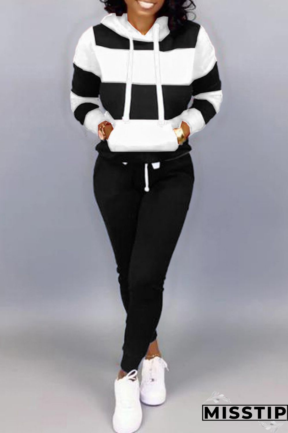 Black White Casual Striped Patchwork Hooded Collar Long Sleeve Two Pieces