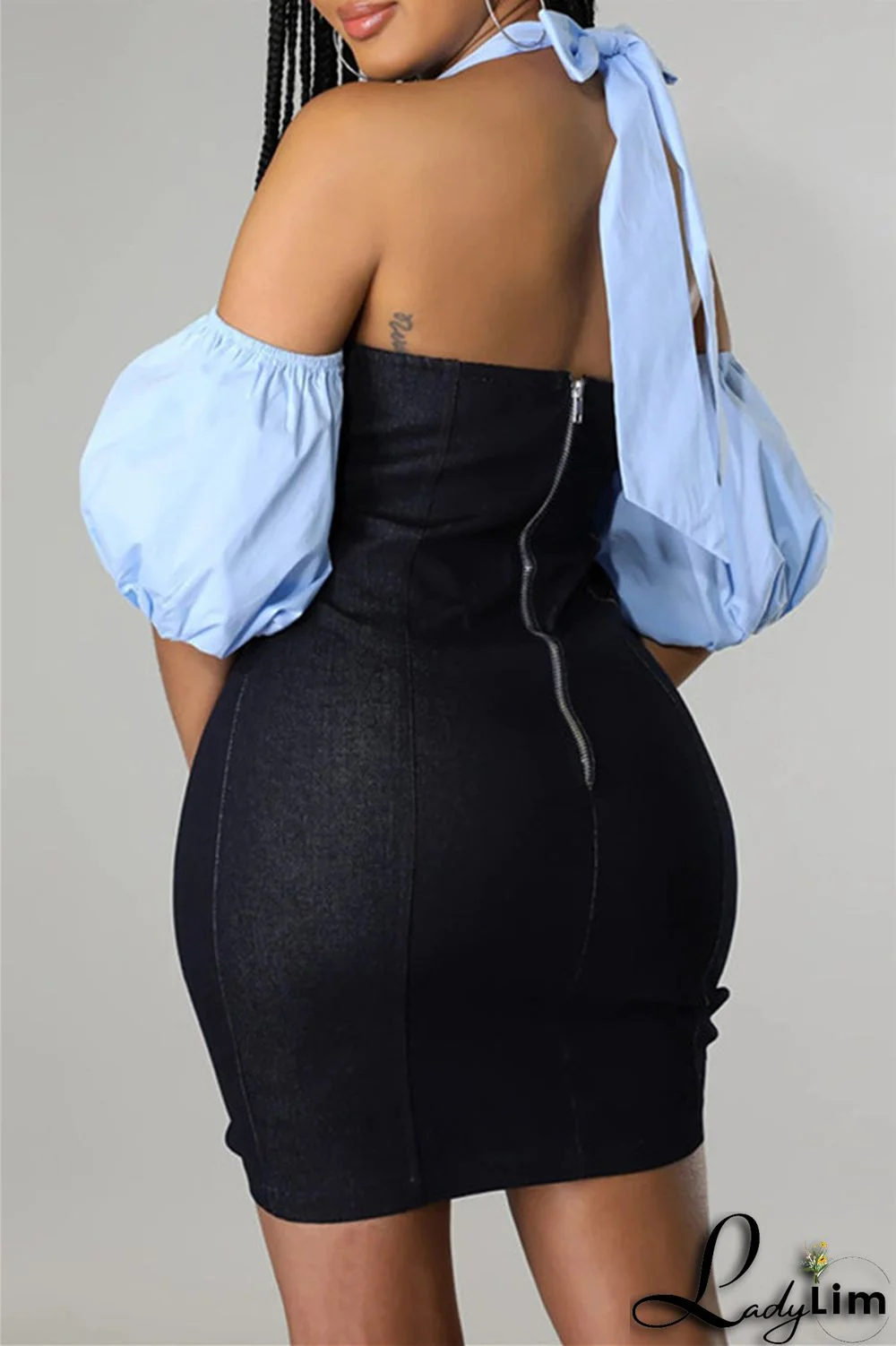 Blue Fashion Sexy Casual Solid Bandage Split Joint Backless Short Sleeve Dress