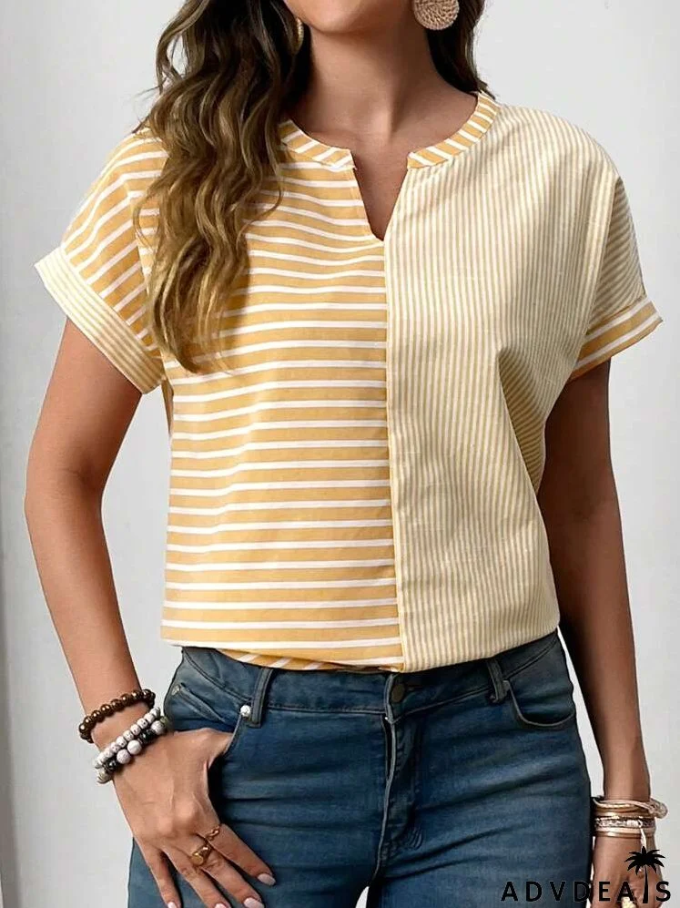 Women's Summer Striped Patchwork Notched Neck Batwing Short Sleeve Shirt