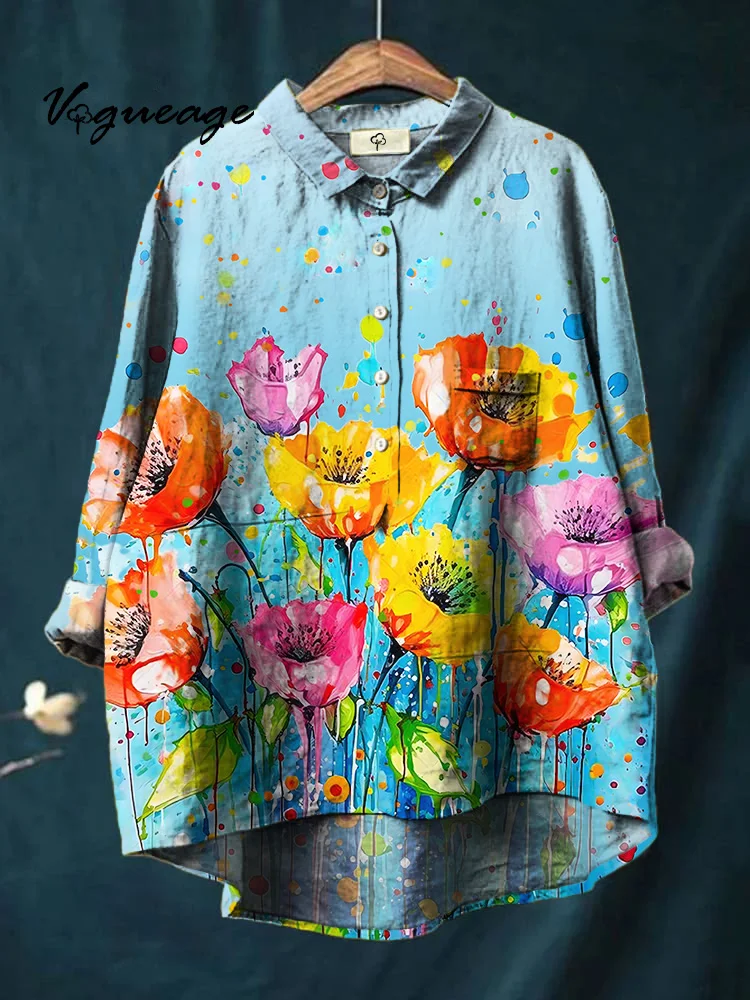 Bright Fashionable And Intellectual Flowers Printed Cotton And Linen Shirt