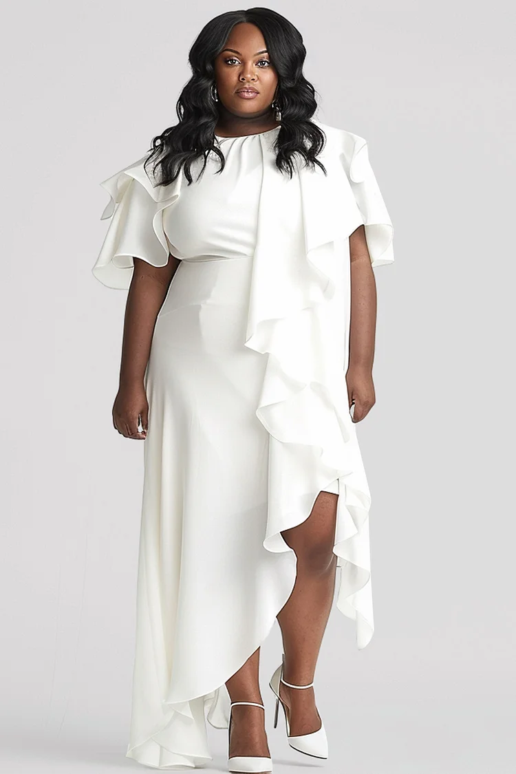 Xpluswear Design Plus Size Wedding White Round Neck Flare Short Sleeve Ruffle Asymmetric Hem Irregular Hem Maxi Dresses [Pre-Order]