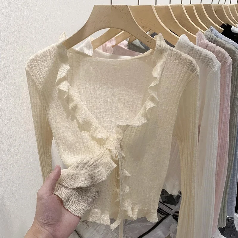 Uveng Uveng Ice Silk Knitted Cardigan Long Sleeve 2024 Summer Black Outer Short Air Conditioning Shirt Sunscreen Shawl Woman