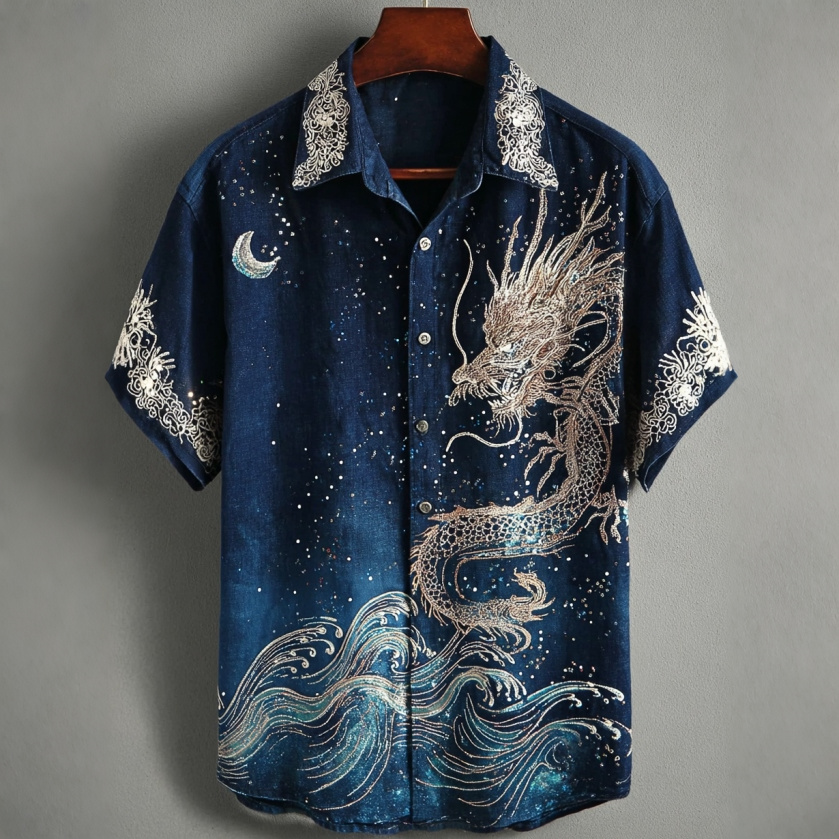 Comstylish Vintage Japanese Style Wave And Dragon Art Casual Shirt