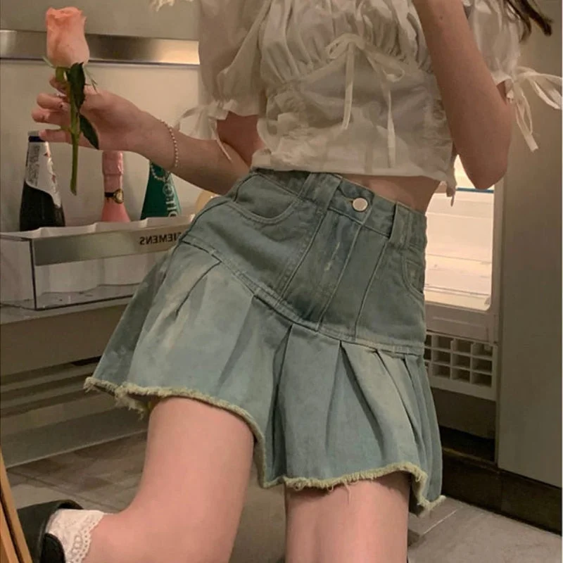 HOUZHOU Vintage Denim Mini Skirt Women Distressed Fringe Sweet High Waist Temperament A-line Pleated Skirt Summer Japanese Style