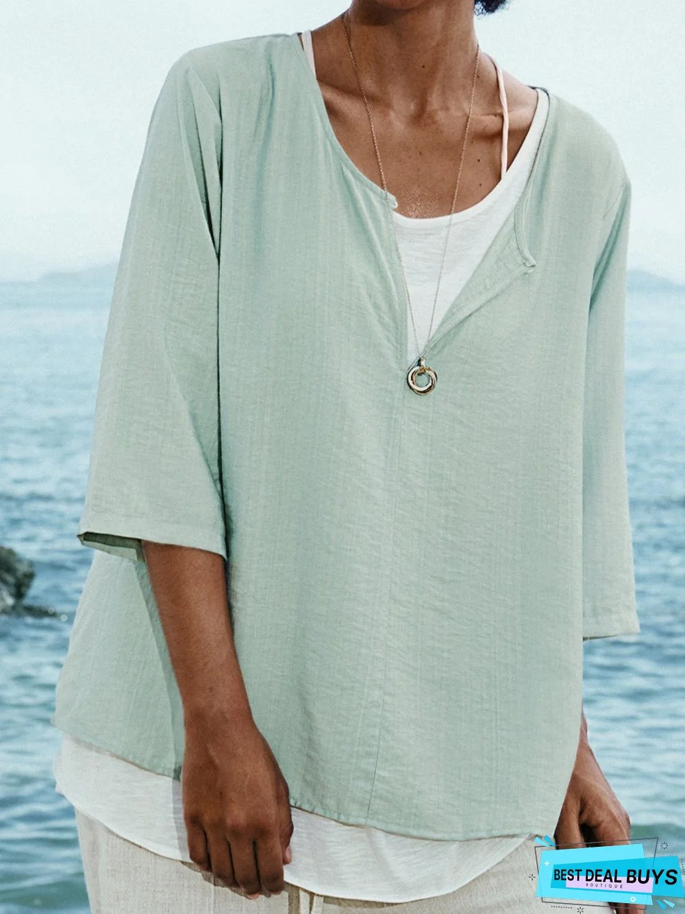 Blue Cotton V Neck 3/4 Sleeve Shift Tunic Top