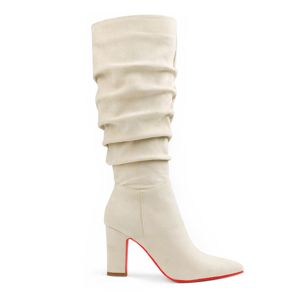 3.35" Women's Knee Red Bottom Boots Chunky Heels Zipper Fashion Sexy Suede Slouchy Boot-MERUMOTE