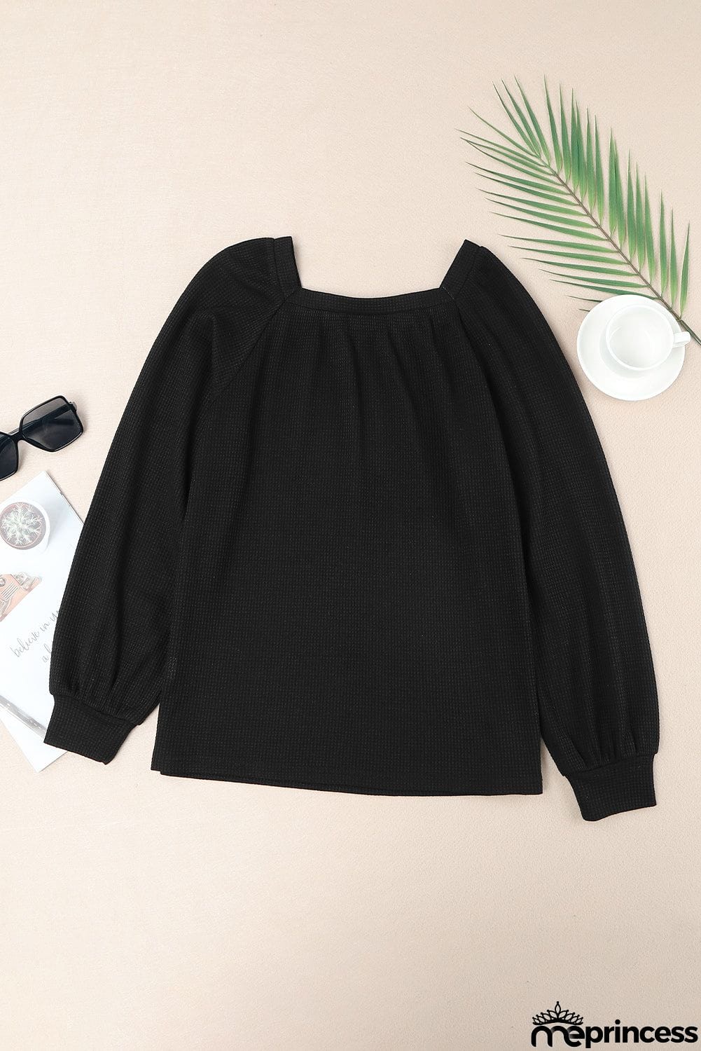 Scoop Neck Puff Sleeve Waffle Knit Top