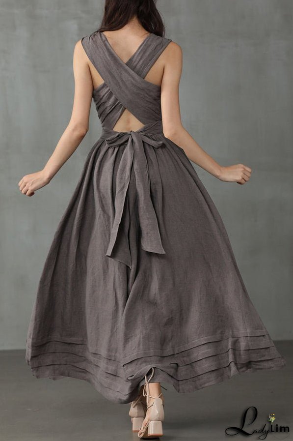 Cross Back O Neck Maxi Linen Dress