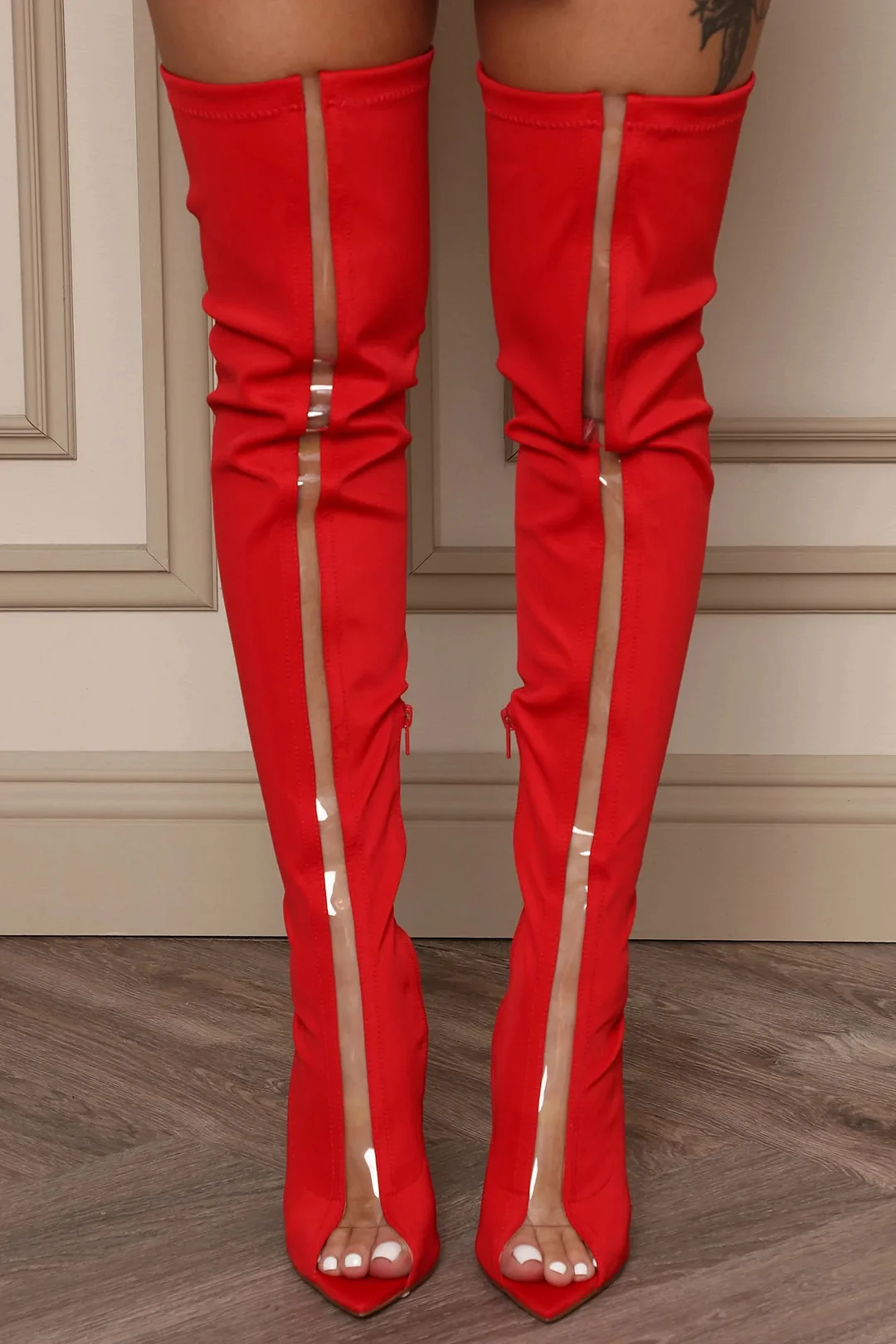 Red Pointed Peep Toe Boots Side Zipper Over Knee Boots Decorated Heel Nicepairs