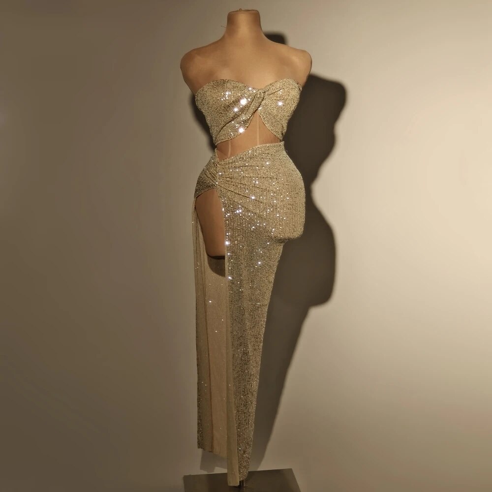 VCSHOES Sparkly Sequins Women Strapless Sheath Two-Pieces Evening Party Performance Costume Bar Nightclub Singer Dancer Stage Wear